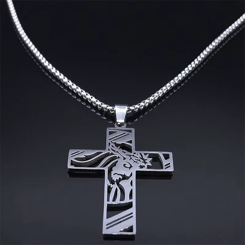 Christ God Cross Jesus Crown of Thorns Chain Necklace Men Stainless Steel Crucifix Necklace Jewelry Colar Masculino N8051S02