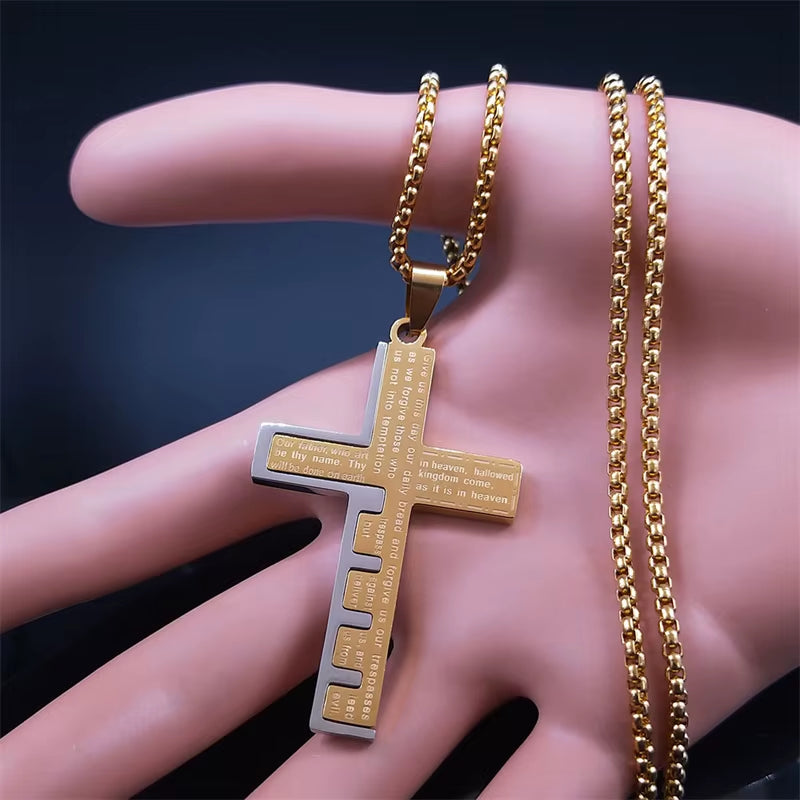 Christian Jesus Cross Necklace Chain for Men Stainless Steel Gold Color Bible Prayer Man Male Jewelry Collar Hombre N2005S02