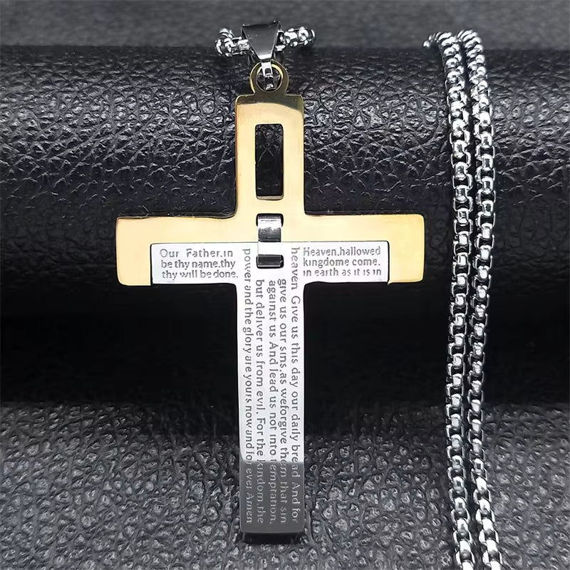 Christian Jesus Cross Necklace Chain for Men Stainless Steel Gold Color Bible Prayer Man Male Jewelry Collar Hombre N2005S02