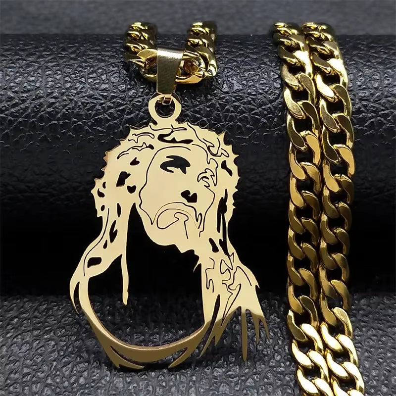 Hip Hop Punk Crown of Thorns Jesus Cross Necklace for Men Stainless Steel Gold Plated Crucifix Pendant Necklaces Jewelry N8052