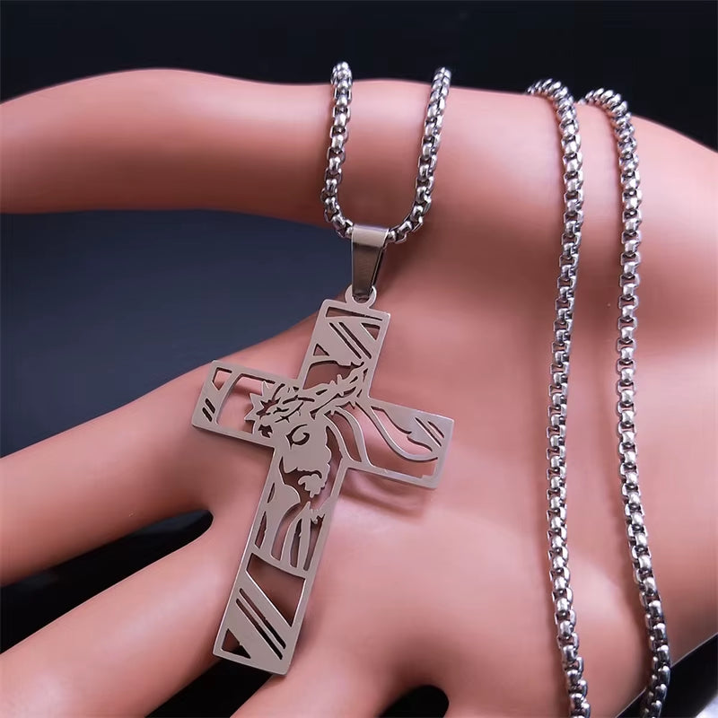 Christ God Cross Jesus Crown of Thorns Chain Necklace Men Stainless Steel Crucifix Necklace Jewelry Colar Masculino N8051S02