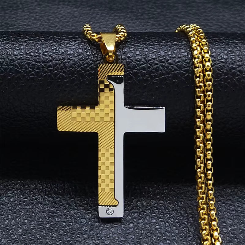 Christian Jesus Cross Necklace Chain for Men Stainless Steel Gold Color Bible Prayer Man Male Jewelry Collar Hombre N2005S02