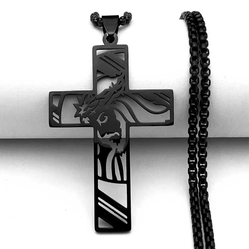 Christ God Cross Jesus Crown of Thorns Chain Necklace Men Stainless Steel Crucifix Necklace Jewelry Colar Masculino N8051S02