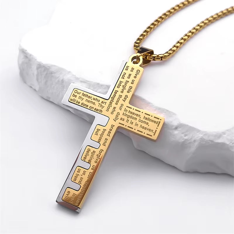 Christian Jesus Cross Necklace Chain for Men Stainless Steel Gold Color Bible Prayer Man Male Jewelry Collar Hombre N2005S02
