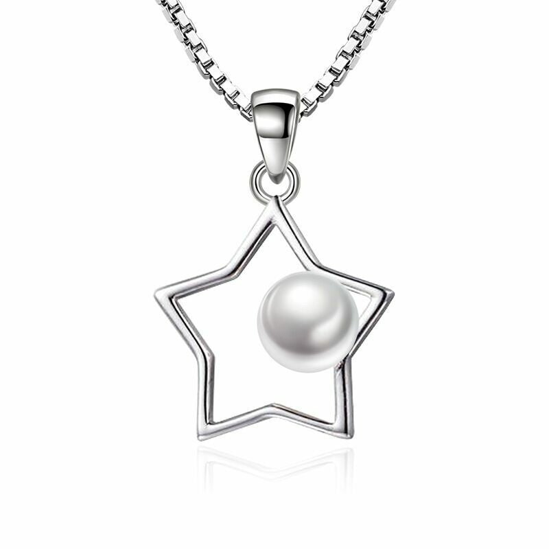 Women Girls Pearl Star Pendant Chain Necklace 925 Sterling Silver Jewellery Gift