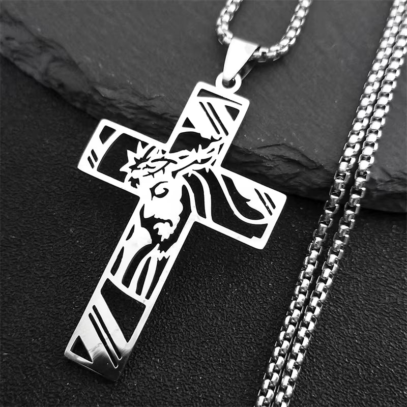 Christ God Cross Jesus Crown of Thorns Chain Necklace Men Stainless Steel Crucifix Necklace Jewelry Colar Masculino N8051S02