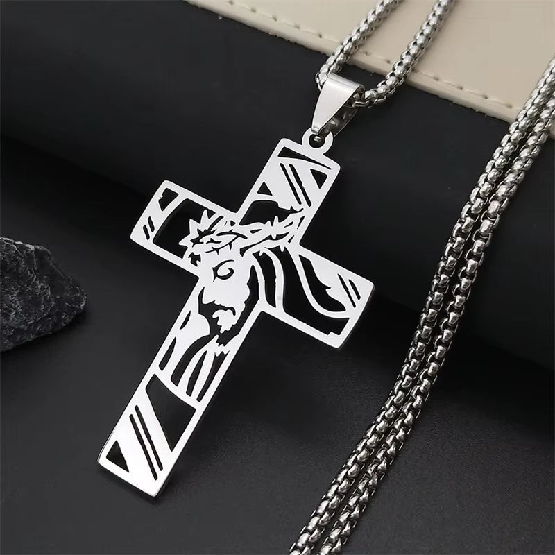 Christ God Cross Jesus Crown of Thorns Chain Necklace Men Stainless Steel Crucifix Necklace Jewelry Colar Masculino N8051S02
