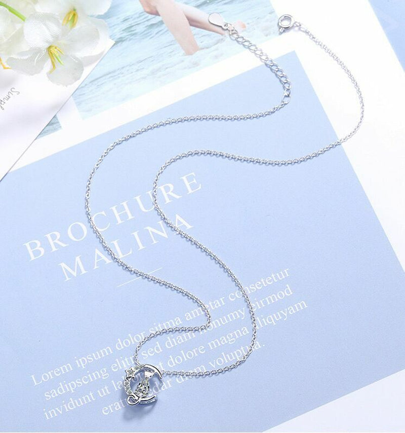 Women Crystal Moon Cat Pendant Chain Necklace 925 Sterling Silver Jewellery UK