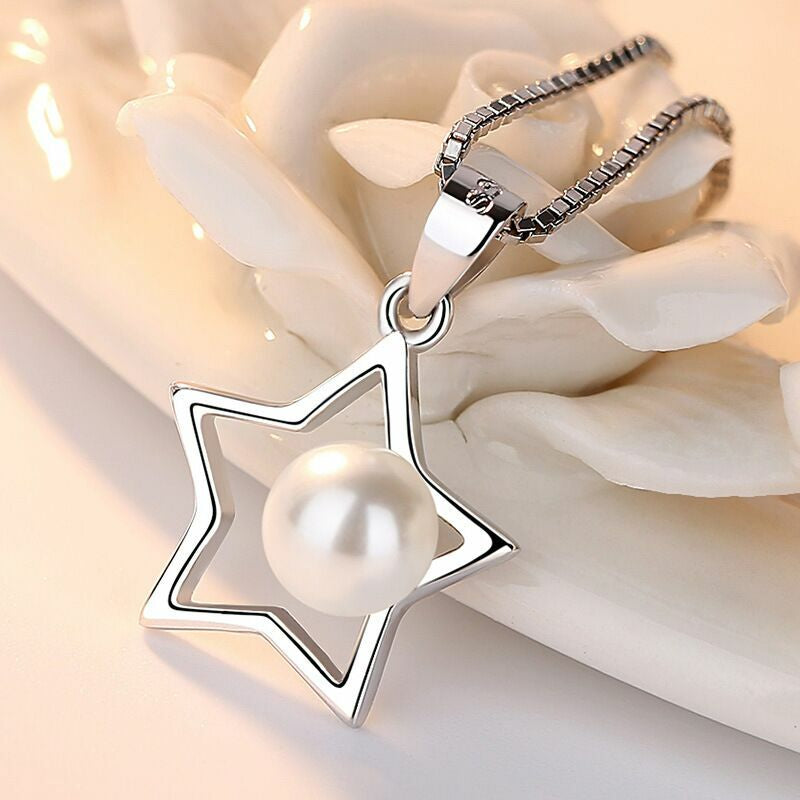 Women Girls Pearl Star Pendant Chain Necklace 925 Sterling Silver Jewellery Gift
