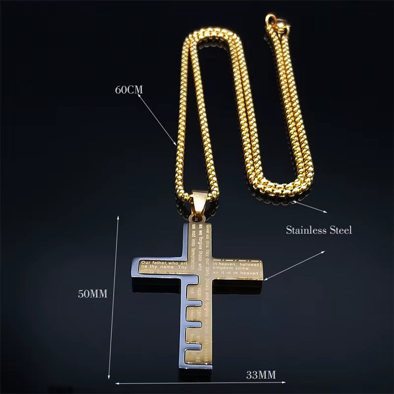 Christian Jesus Cross Necklace Chain for Men Stainless Steel Gold Color Bible Prayer Man Male Jewelry Collar Hombre N2005S02