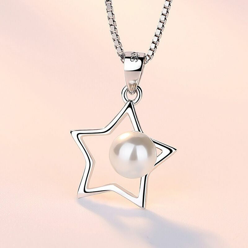 Women Girls Pearl Star Pendant Chain Necklace 925 Sterling Silver Jewellery Gift