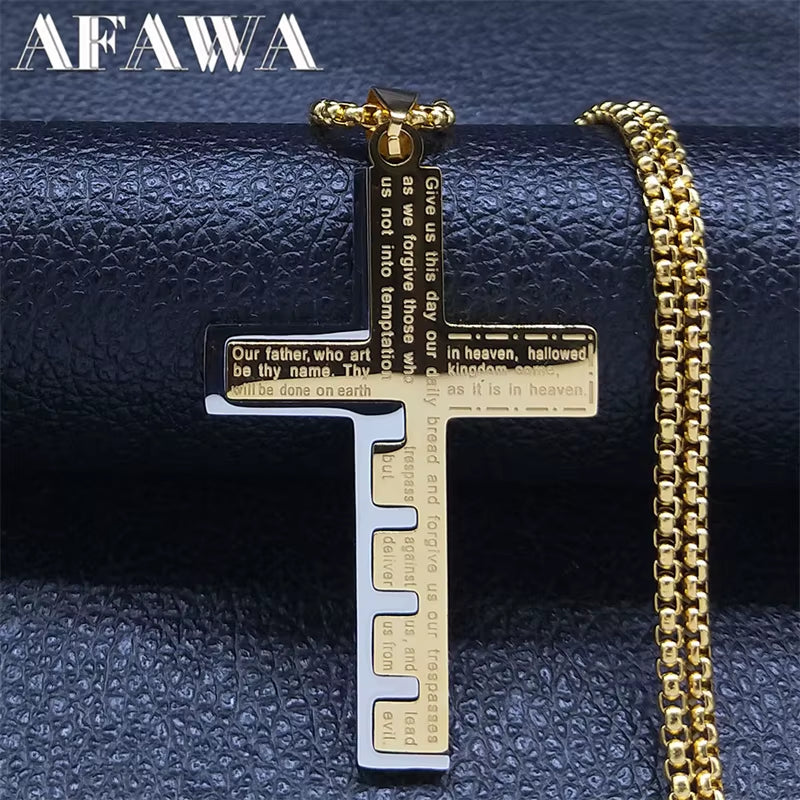 Christian Jesus Cross Necklace Chain for Men Stainless Steel Gold Color Bible Prayer Man Male Jewelry Collar Hombre N2005S02