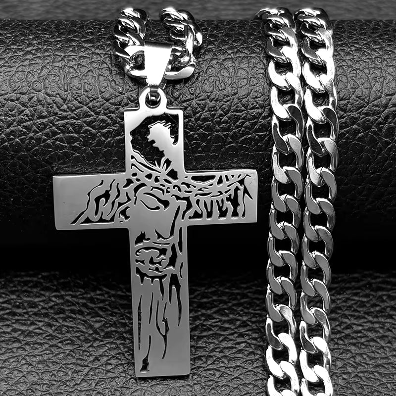 Hip Hop Punk Crown of Thorns Jesus Cross Necklace for Men Stainless Steel Gold Plated Crucifix Pendant Necklaces Jewelry N8052