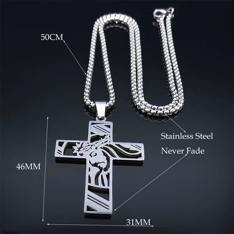 Christ God Cross Jesus Crown of Thorns Chain Necklace Men Stainless Steel Crucifix Necklace Jewelry Colar Masculino N8051S02