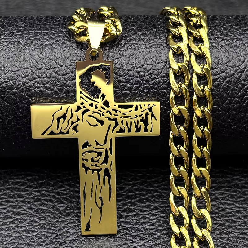 Hip Hop Punk Crown of Thorns Jesus Cross Necklace for Men Stainless Steel Gold Plated Crucifix Pendant Necklaces Jewelry N8052