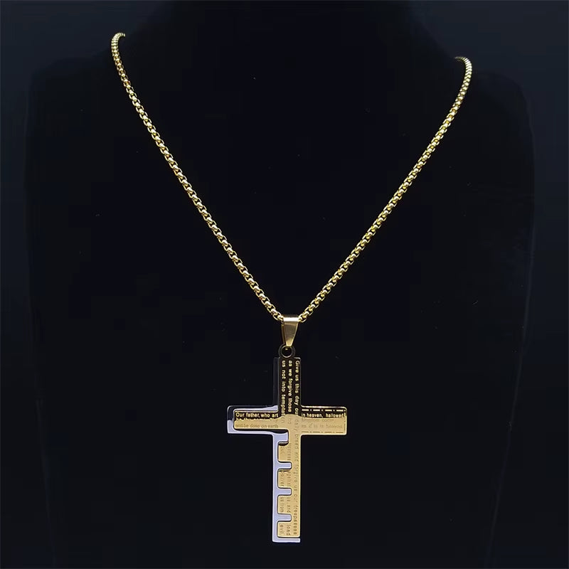 Christian Jesus Cross Necklace Chain for Men Stainless Steel Gold Color Bible Prayer Man Male Jewelry Collar Hombre N2005S02