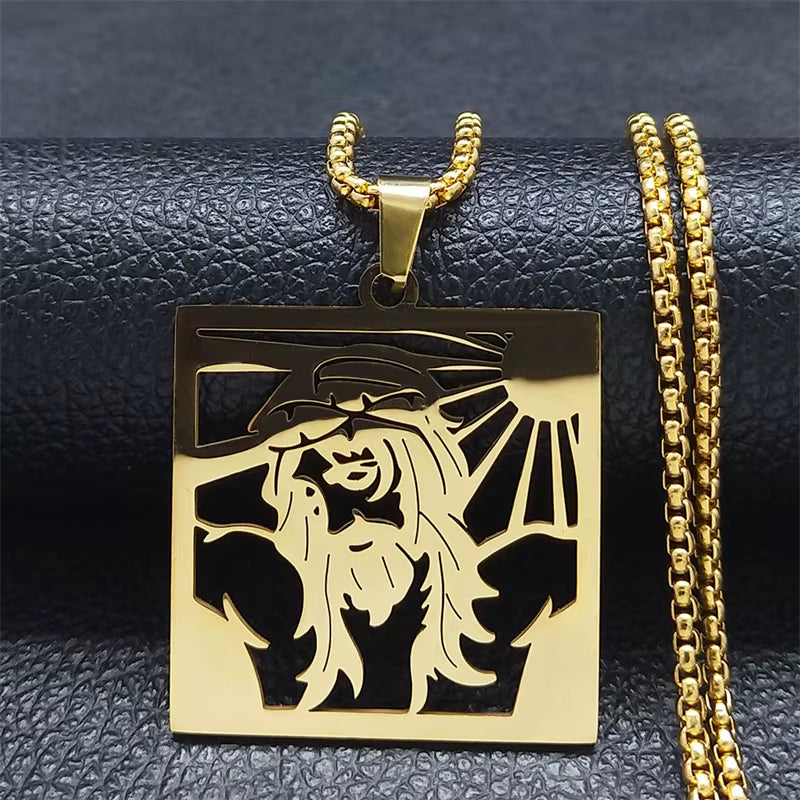 Christ God Cross Jesus Crown of Thorns Chain Necklace Men Stainless Steel Crucifix Necklace Jewelry Colar Masculino N8051S02