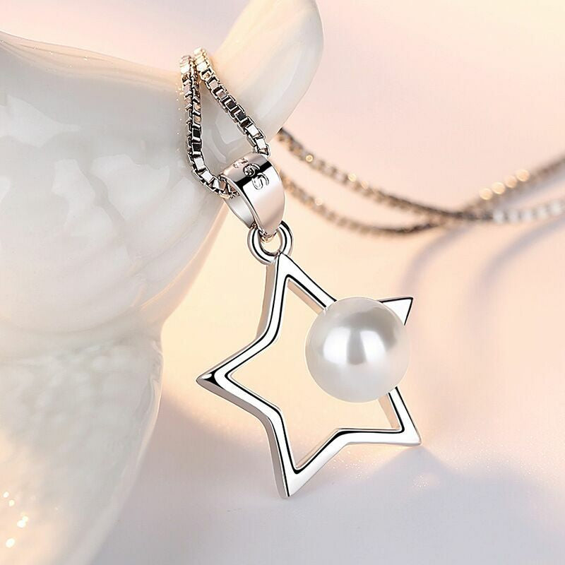Women Girls Pearl Star Pendant Chain Necklace 925 Sterling Silver Jewellery Gift