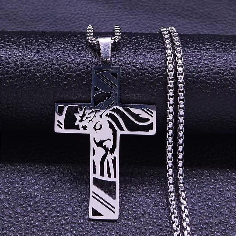 Christ God Cross Jesus Crown of Thorns Chain Necklace Men Stainless Steel Crucifix Necklace Jewelry Colar Masculino N8051S02
