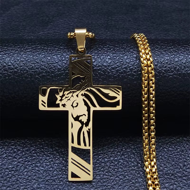Christ God Cross Jesus Crown of Thorns Chain Necklace Men Stainless Steel Crucifix Necklace Jewelry Colar Masculino N8051S02