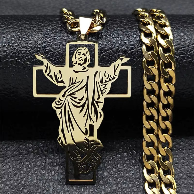 Hip Hop Punk Crown of Thorns Jesus Cross Necklace for Men Stainless Steel Gold Plated Crucifix Pendant Necklaces Jewelry N8052