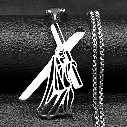 Christ God Cross Jesus Crown of Thorns Chain Necklace Men Stainless Steel Crucifix Necklace Jewelry Colar Masculino N8051S02