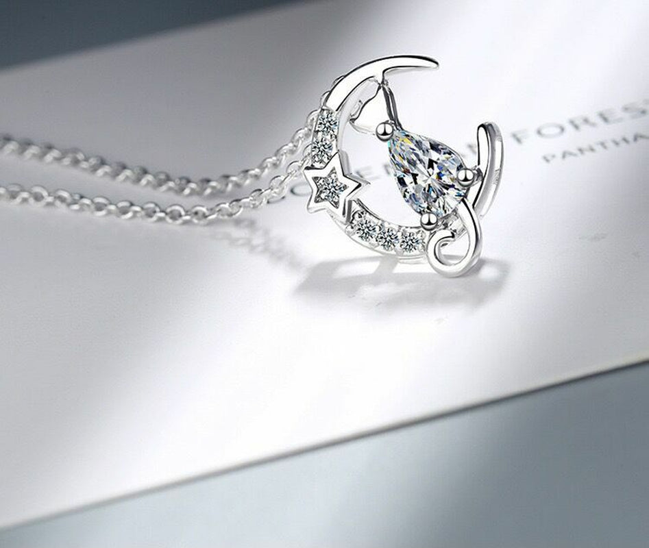 Women Crystal Moon Cat Pendant Chain Necklace 925 Sterling Silver Jewellery UK