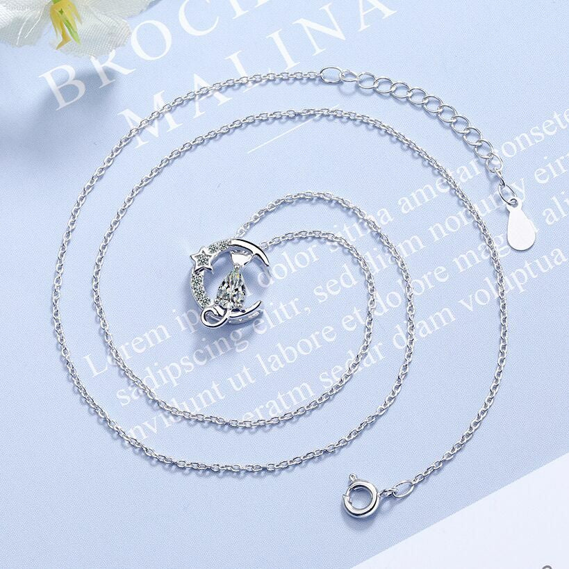 Women Crystal Moon Cat Pendant Chain Necklace 925 Sterling Silver Jewellery UK