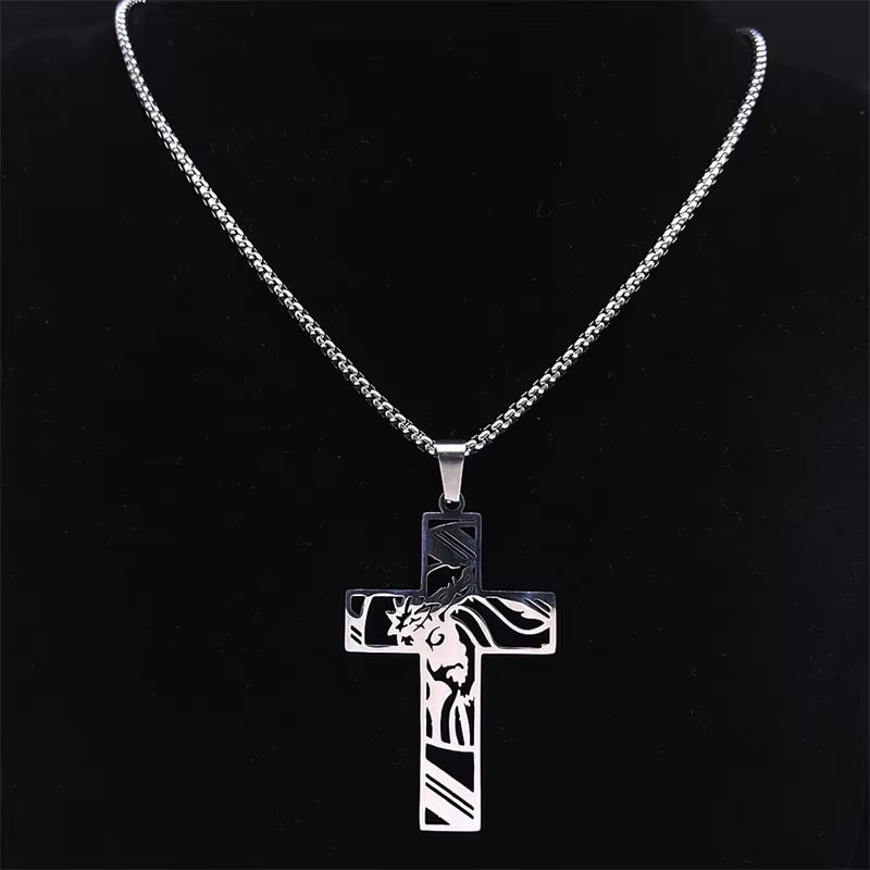 Christ God Cross Jesus Crown of Thorns Chain Necklace Men Stainless Steel Crucifix Necklace Jewelry Colar Masculino N8051S02