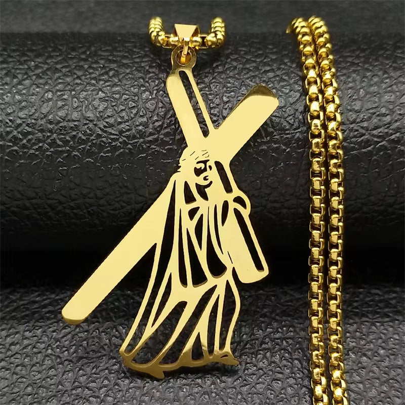 Christ God Cross Jesus Crown of Thorns Chain Necklace Men Stainless Steel Crucifix Necklace Jewelry Colar Masculino N8051S02